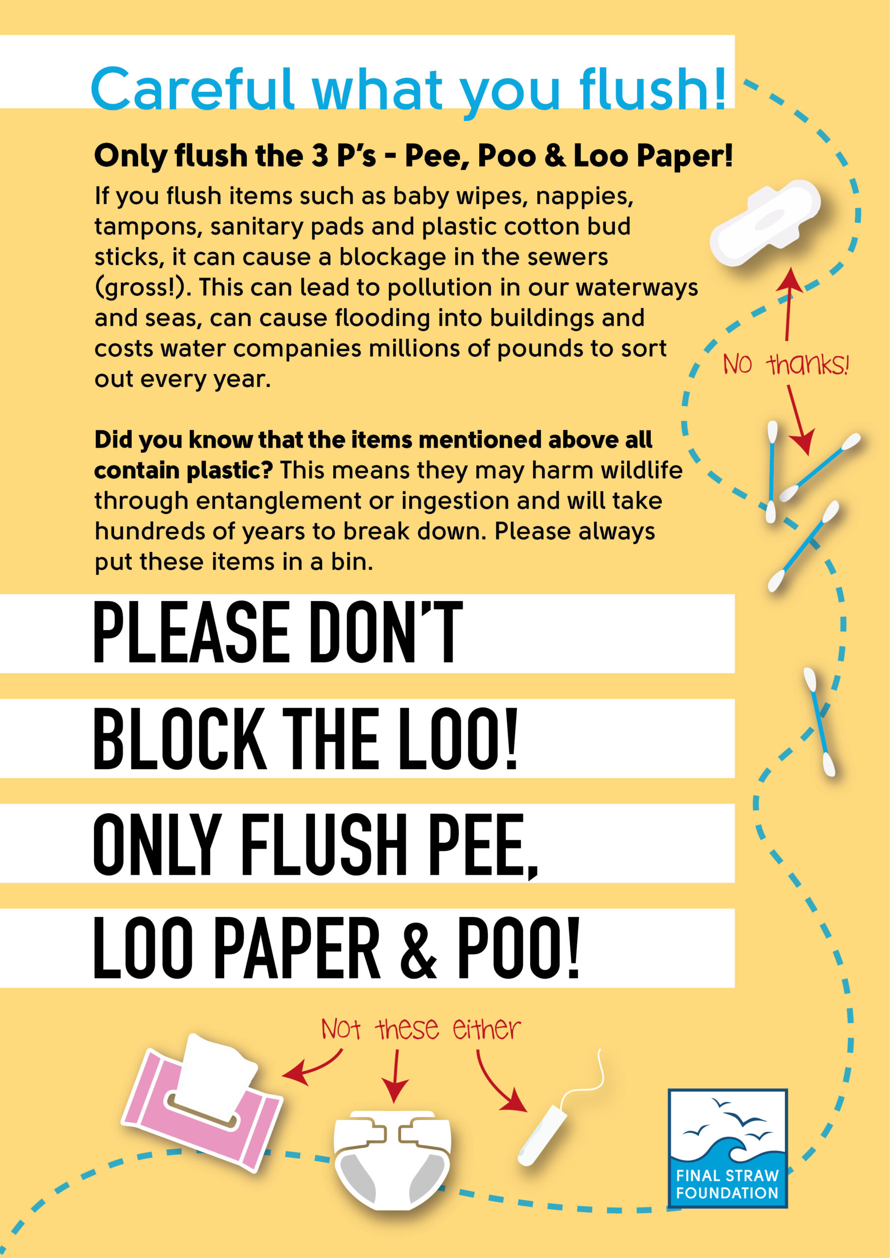FSF Careful what you flush April 2021 Final Straw Foundation Poster - Careful What You Flush